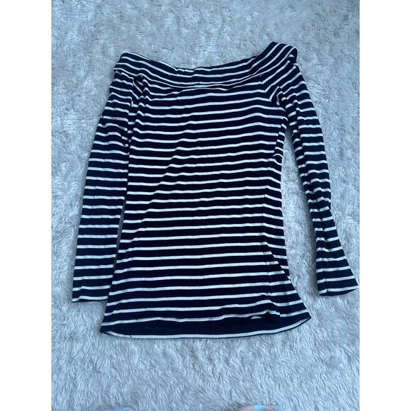 Abercrombie & Fitch Medium Navy Blue White Striped Off The Shoulder Top Ribbed - Picture 3 of 7